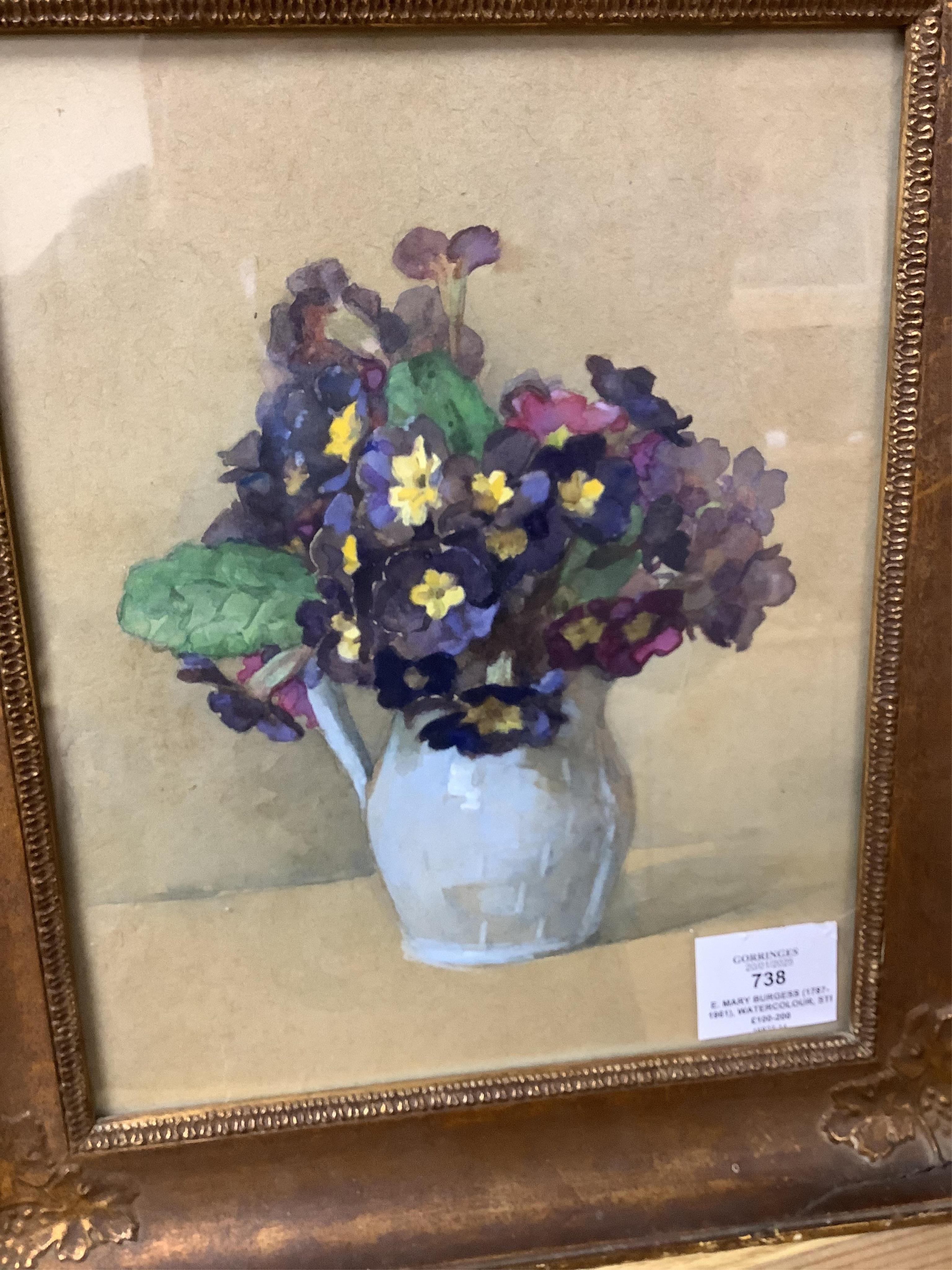 E. Mary Burgess (1787-1961), watercolour, Still life of pansies in a jug, partial James Bourlet & Sons label verso, together with Annie L. Pressland, Still life of flowers in a vase, signed, E. Stacy-Marks label verso, l